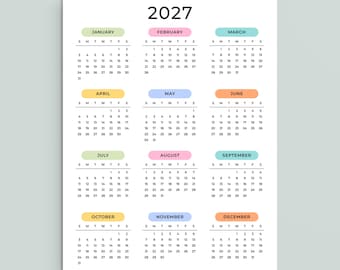 2027 Yearly Calendar 2027 Wall Calendar Printable 2027 Calendar Portrait A3 A4 US Letter Color Desk Planner 2027 PDF Sunday & Monday Start