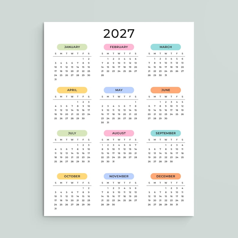 2027 Yearly Calendar 2027 Wall Calendar Printable 2027 Calendar Portrait A3 A4 US Letter Color Desk Planner 2027 PDF Sunday & Monday Start