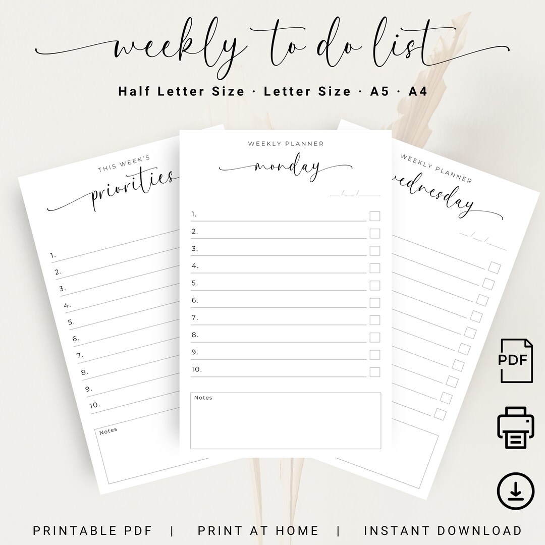 Printable Weekly Planner Weekly to Do List PDF Daily Planner Daily to ...