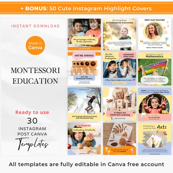 30 Montessori Education Instagram Canva Template Montessori Kindergarten Kids Education Montessori School Social Media Post Back To School