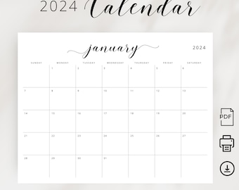 2024 Calendar 2024 Planner Printable Minimalist Monthly Calendar Landscape Monthly Planner 2024 Wall Calendar 2024 A4 Letter Size 2024 PDF