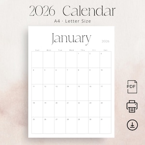 May include: A minimalist 2026 calendar for January, printed on white paper. The calendar features a simple layout with the days of the week across the top and dates in a grid. The text "2026 Calendar" and "January" are displayed in a stylish font.
