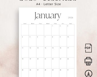 2026 Calendar 2026 Monthly Planner 2026 Wall Calendar PDF Stylish Minimalist 2026 Printable Calendar Portrait A4 Letter Size Desk Calendar