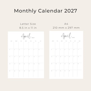 Printable 2027 Calendar 2027 Monthly Planner PDF Vertical Elegant Wall Calendar Sunday & Monday Start A4 US Letter Size Desk Calendar 2027