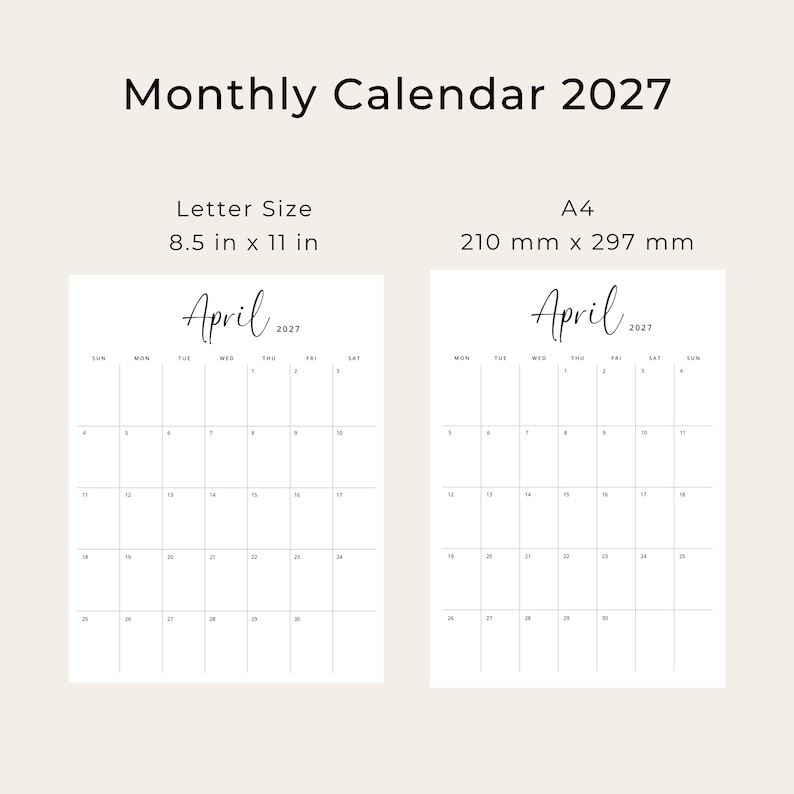 Printable 2027 Calendar 2027 Monthly Planner PDF Vertical Elegant Wall Calendar Sunday & Monday Start A4 US Letter Size Desk Calendar 2027