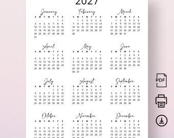 2027 Yearly Calendar 2027 Calendar Portrait Soft Minimalist Wall Calendar Vertical Printable PDF A3 A4 Letter Size Desk Calendar Planner