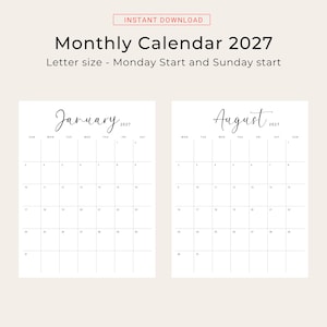 Printable 2027 Calendar 2027 Monthly Planner PDF Vertical Elegant Wall Calendar Sunday & Monday Start A4 US Letter Size Desk Calendar 2027