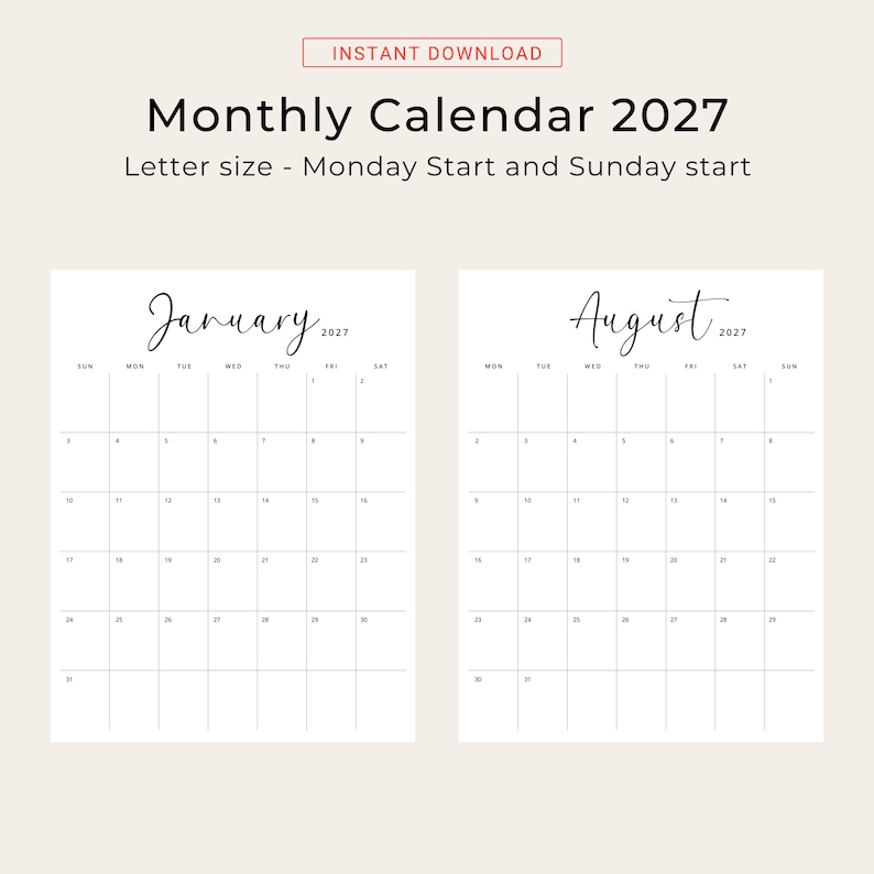 Printable 2027 Calendar 2027 Monthly Planner PDF Vertical Elegant Wall Calendar Sunday & Monday Start A4 US Letter Size Desk Calendar 2027