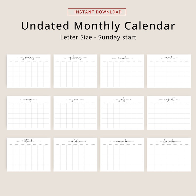 Undated Calendar Undated Monthly Calendar Printable Planner Blank ...