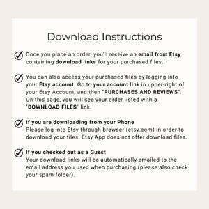 Może przedstawiać: Lista kontrolna z instrukcjami dotyczącymi pobierania plik&oacute;w cyfrowych zakupionych na Etsy. Instrukcje obejmują pobieranie z komputera, telefonu i dla gości dokonujących zakupu.
