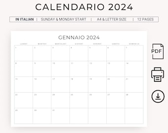 2024 Calendario 2024 Calendario in Italiano 2024 Stampabile Italian Calendar 2024 Monthly Planner in Italian PRINTABLE Calendario A4 Letter