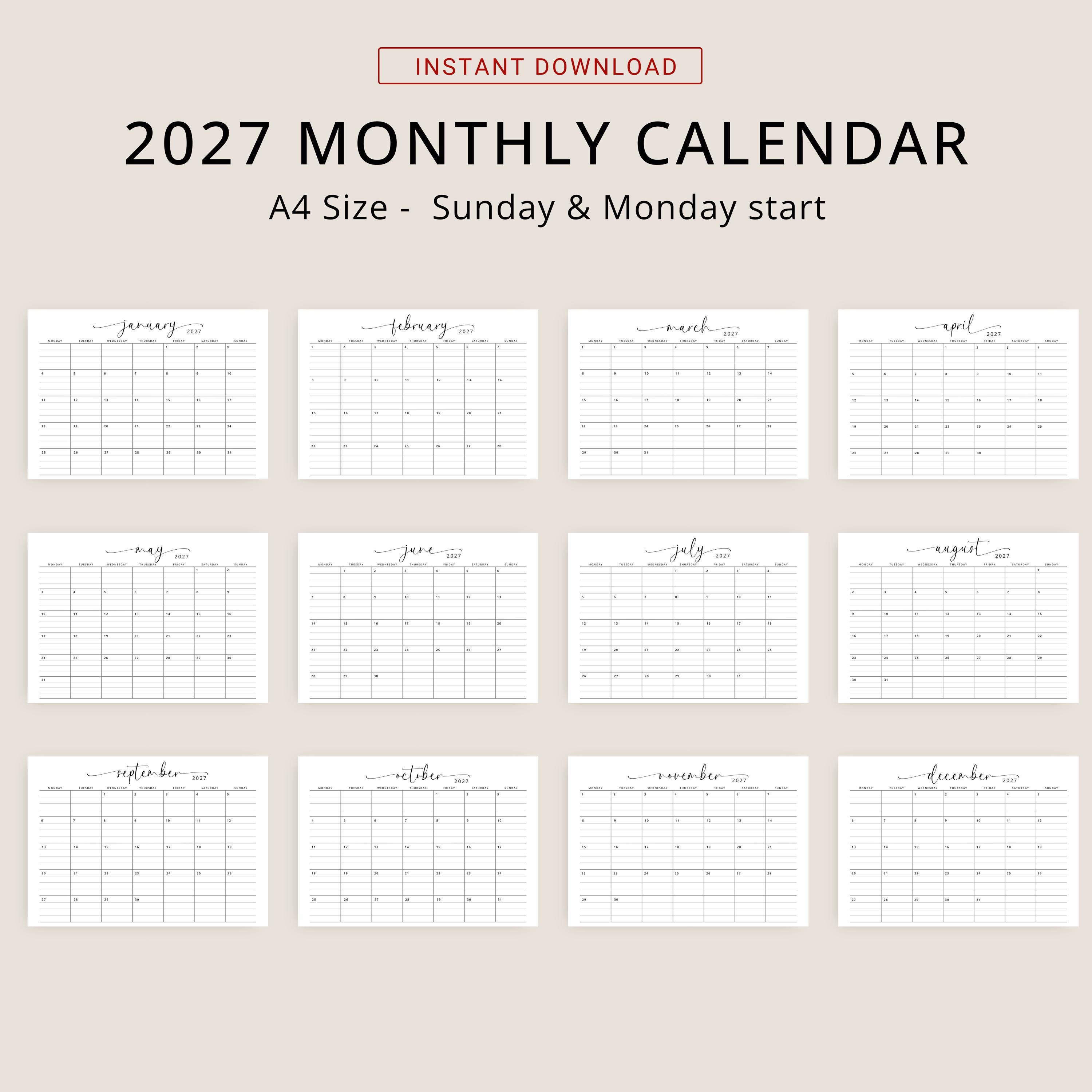 2027 Calendar With Lines 2027 Monthly Planner 2027 Lined Printable