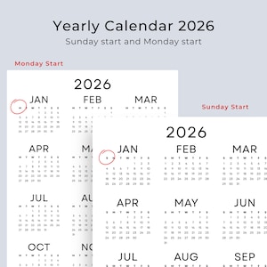 2026 Wall Calendar 2026 Yearly Calendar Printable PDF Minimalist Calendar 2026 Year at a Glance A3 A4 Letter Size Monday & Sunday Start