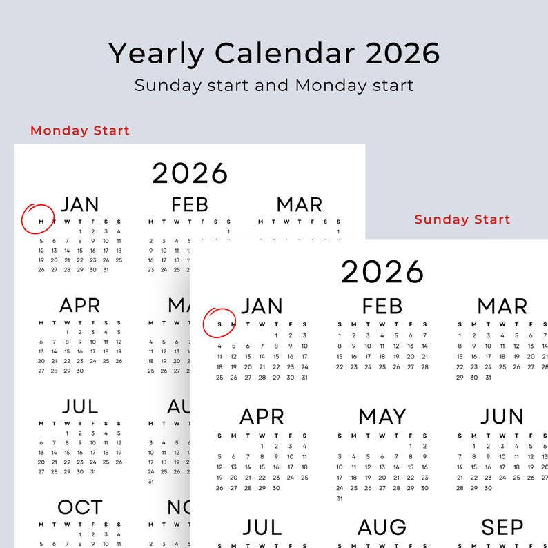 2026 Wall Calendar 2026 Yearly Calendar Printable PDF Minimalist Calendar 2026 Year at a Glance A3 A4 Letter Size Monday & Sunday Start