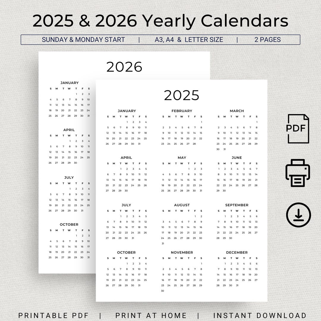 2025 2026 Calendar 2025 & 2026 Yearly Wall Calendar Printable PDF