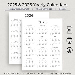 2025 2026 Calendar 2025 & 2026 Yearly Wall Calendar Printable PDF Minimalist Calendar Portrait Planner Insert 2025 2026 A3 A4 Letter Size
