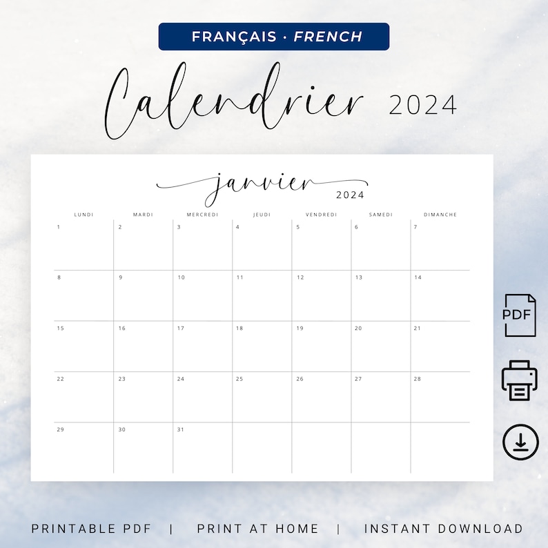 Calendrier 2024 Calendrier Français 2024 Planificateur Imprimable 2024 French Calendar 2024 French Planner PRINTABLE Wall Calendar French