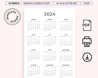 Calendrier 2024 Calendrier 2024 Français Calendrier annuel 2024 Français PDF Calendrier 2024 IMPRIMABLE A3 A4 Lettre 2024 Calendrier annuel PDF 2024