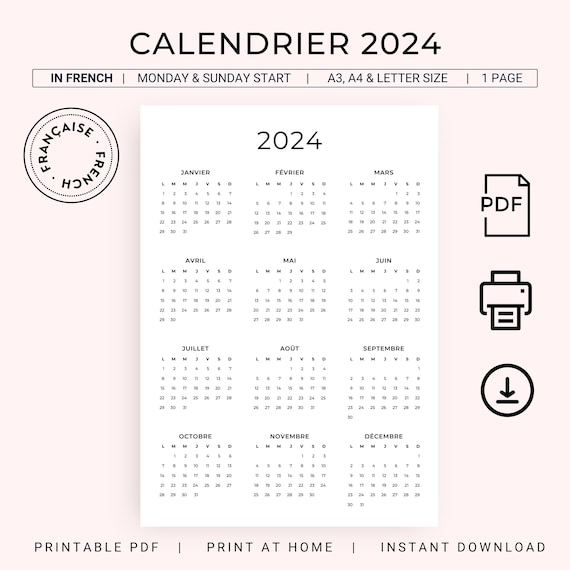 Calendriers et agendas imprimables Janvier 2024 A4, A3 vers PDF et