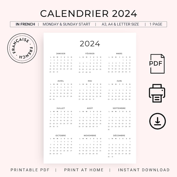 2024 Calendrier 2024 French Calendar 2024 Yearly Calendar French PDF Calendar 2024 PRINTABLE A3 A4 Letter 2024 Calendrier Annuel PDF 2024