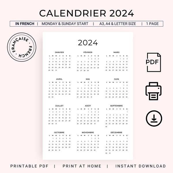 2024 Calendrier 2024 French Calendar 2024 Yearly Calendar French PDF Calendar 2024 PRINTABLE A3 A4 Letter 2024 Calendrier Annuel PDF 2024