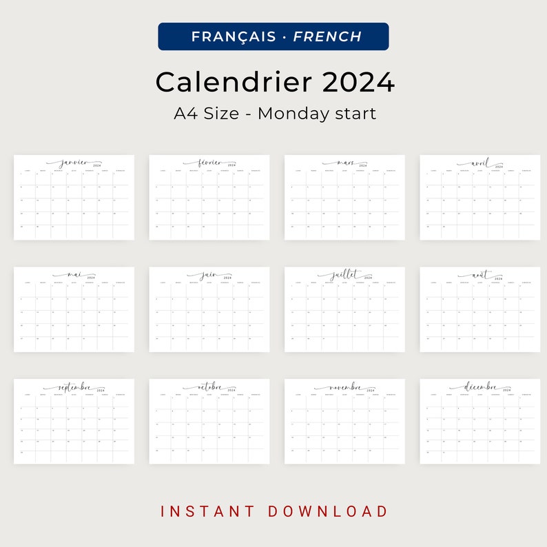 Calendrier 2024 Calendrier Français 2024 Planificateur Imprimable 2024 French Calendar 2024 French Planner PRINTABLE Wall Calendar French