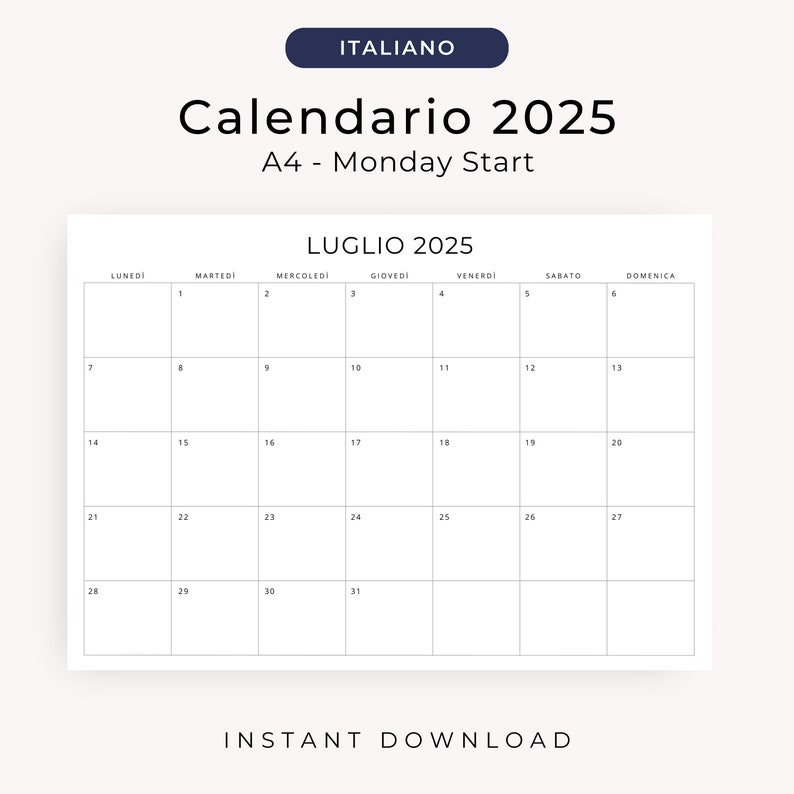 2025 Calendario 2025 Calendario in Italiano 2025 Stampabile Italian Calendar 2025 PDF Monthly Planner in Italian Monthly Calendar PRINTABLE