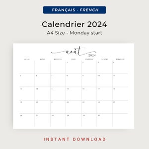 Calendrier 2024 Calendrier Français 2024 Planificateur Imprimable 2024 French Calendar 2024 French Planner PRINTABLE Wall Calendar French