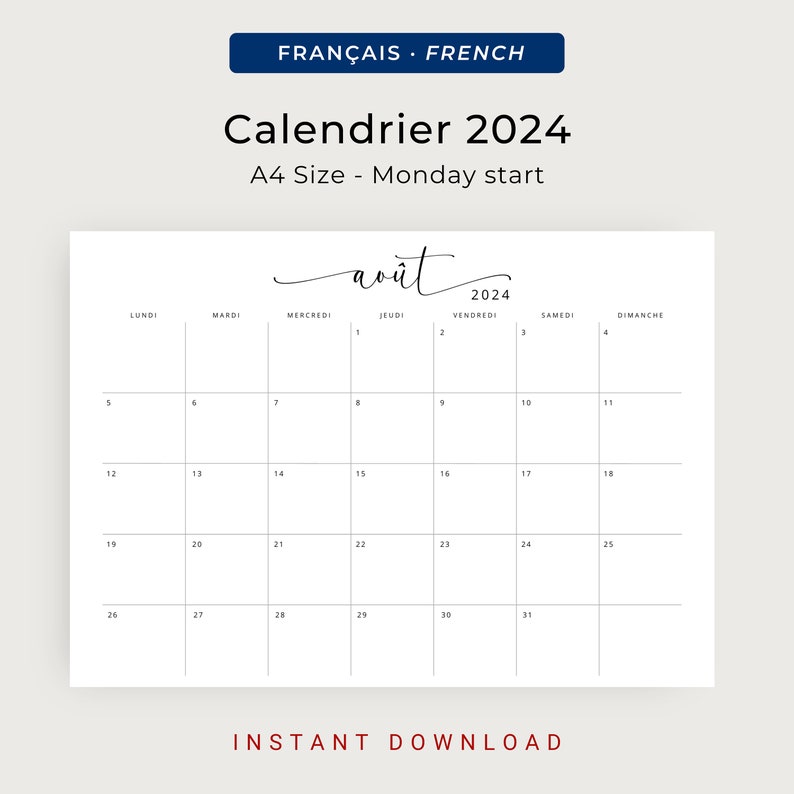 Calendrier 2024 Calendrier Français 2024 Planificateur Imprimable 2024 French Calendar 2024 French Planner PRINTABLE Wall Calendar French