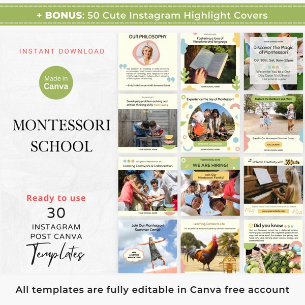 30 Instagram Post Montessori School Canva Template Montessori Education Social Media Post Montessori Academy Marketing Children Education