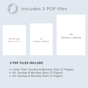May include: Three printable PDF files for a weekly planner, including Letter size (8.5 inches by 11 inches), A4 (210 mm by 297 mm), and A3 (297 mm by 420 mm). Each planner includes Sunday and Monday start options.