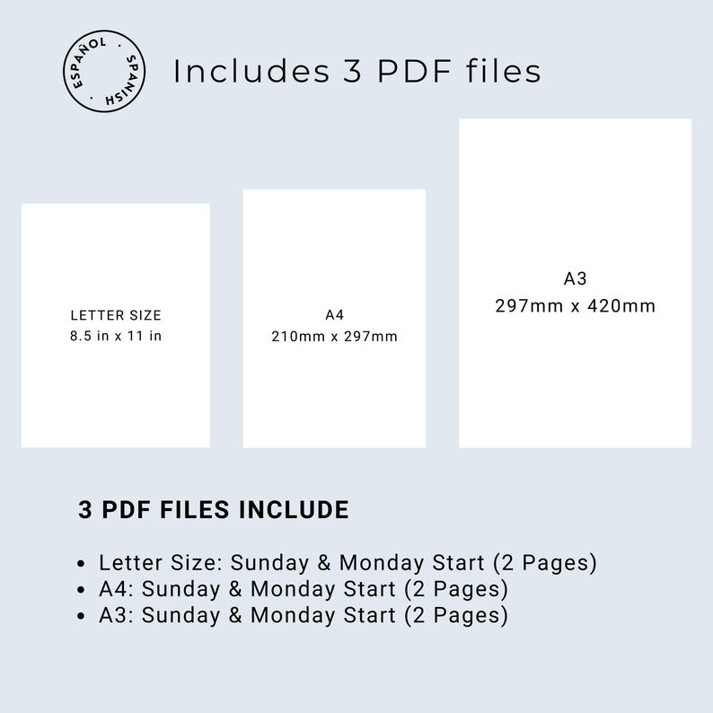 May include: Three printable PDF files for a weekly planner, including Letter size (8.5 inches by 11 inches), A4 (210 mm by 297 mm), and A3 (297 mm by 420 mm). Each planner includes Sunday and Monday start options.