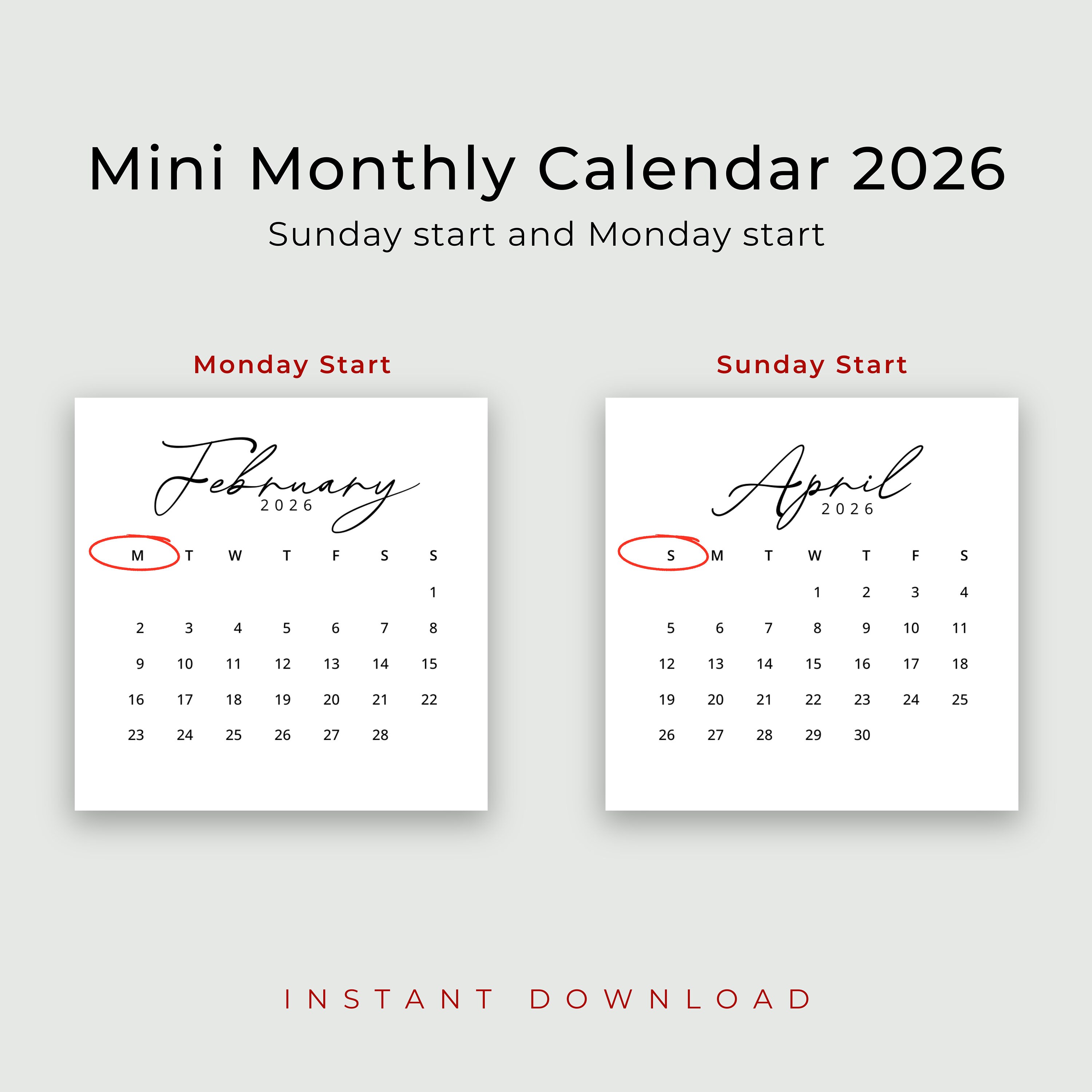 Printable 2026 Mini Calendar 3x3 Inch 2026 Small Calendar Card 2026 ...