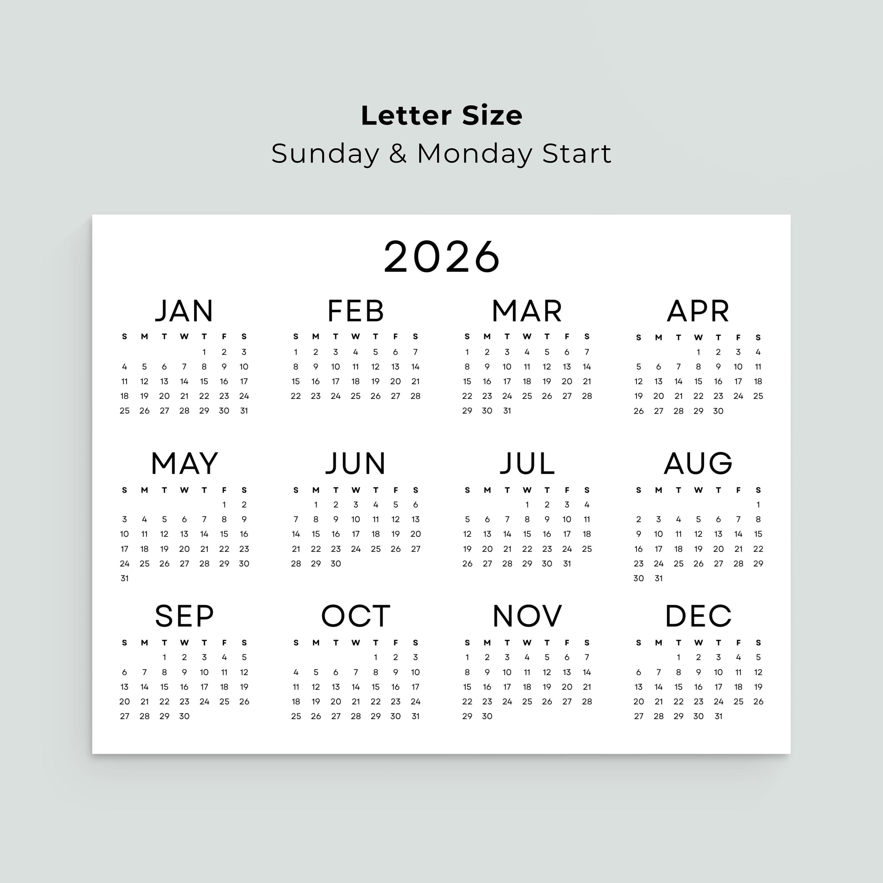 2026 Wall Calendar Landscape 2026 Yearly Calendar Printable PDF ...