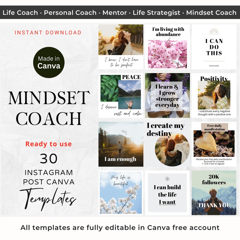 30 Mindset Coach Instagram Post Canva Templates Life Coach Social Media ...