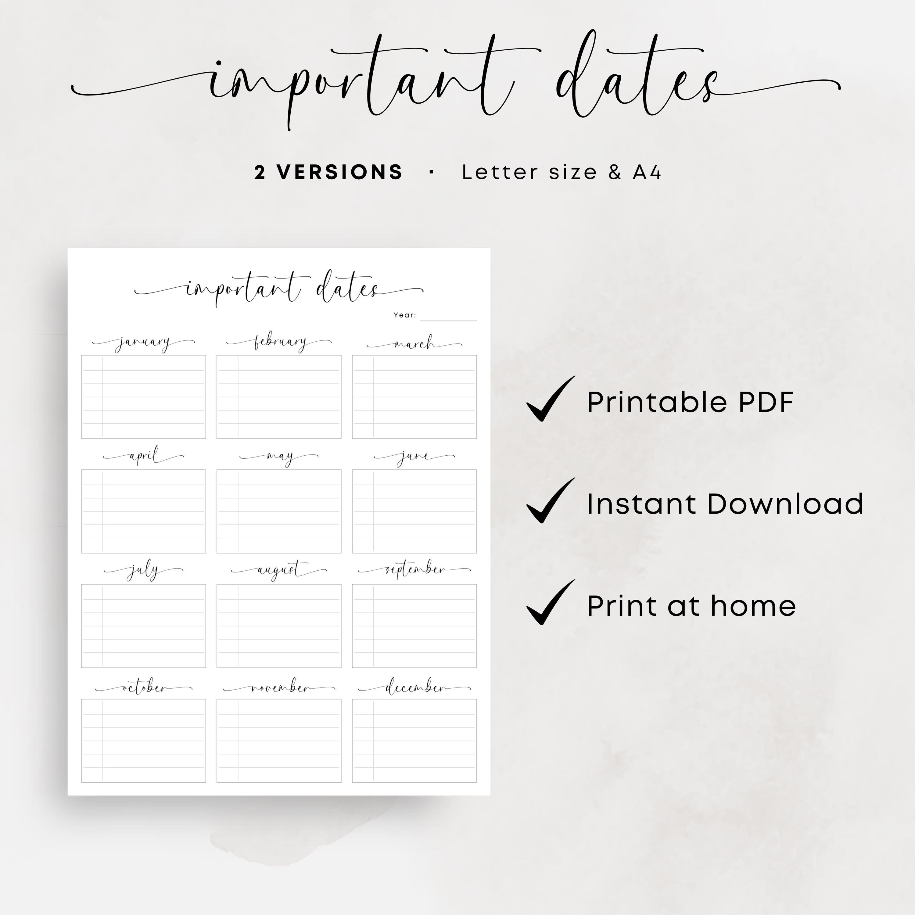 Important Dates Tracker Printable Special Dates Reminder Birthday ...