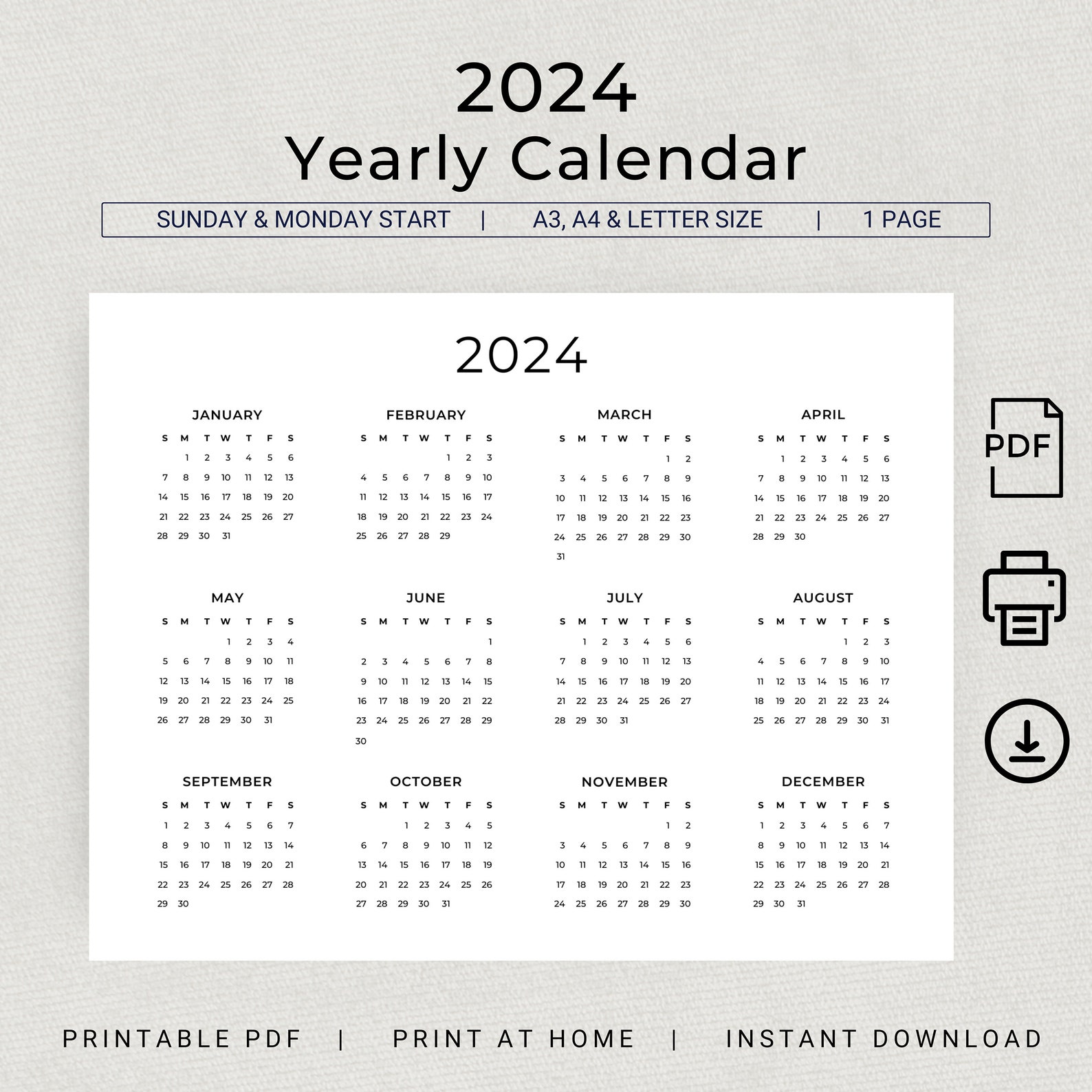 2024 Calendar 2024 Wall Calendar Printable Calendar 2024 Landscape