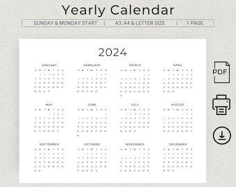 2024 Yearly Calendar Landscape 2024 Wall Calendar Printable Calendar 2024 Minimalist Calendar Horizontal A3 A4 Letter Monday & Sunday Start