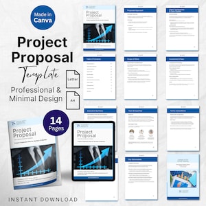 May include: A 14-page project proposal template in a professional and minimal design. The template features a blue and white color scheme with a graphic of a businessman in a suit and tie. The text "Project Proposal Template" is displayed in a large font size. The template is available for instant download.