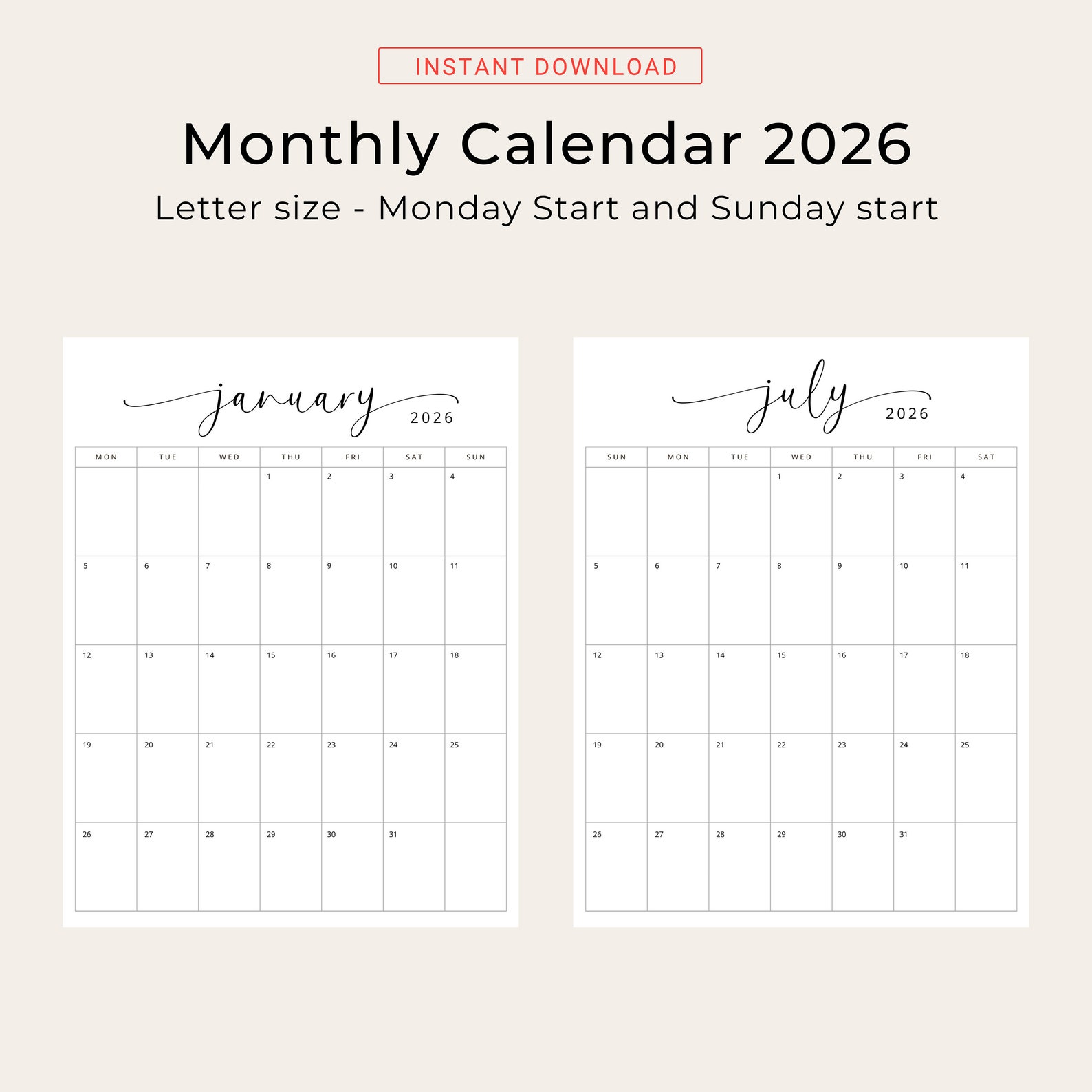 2026 Calendar 2026 Monthly Planner Vertical 2026 Elegant Monthly