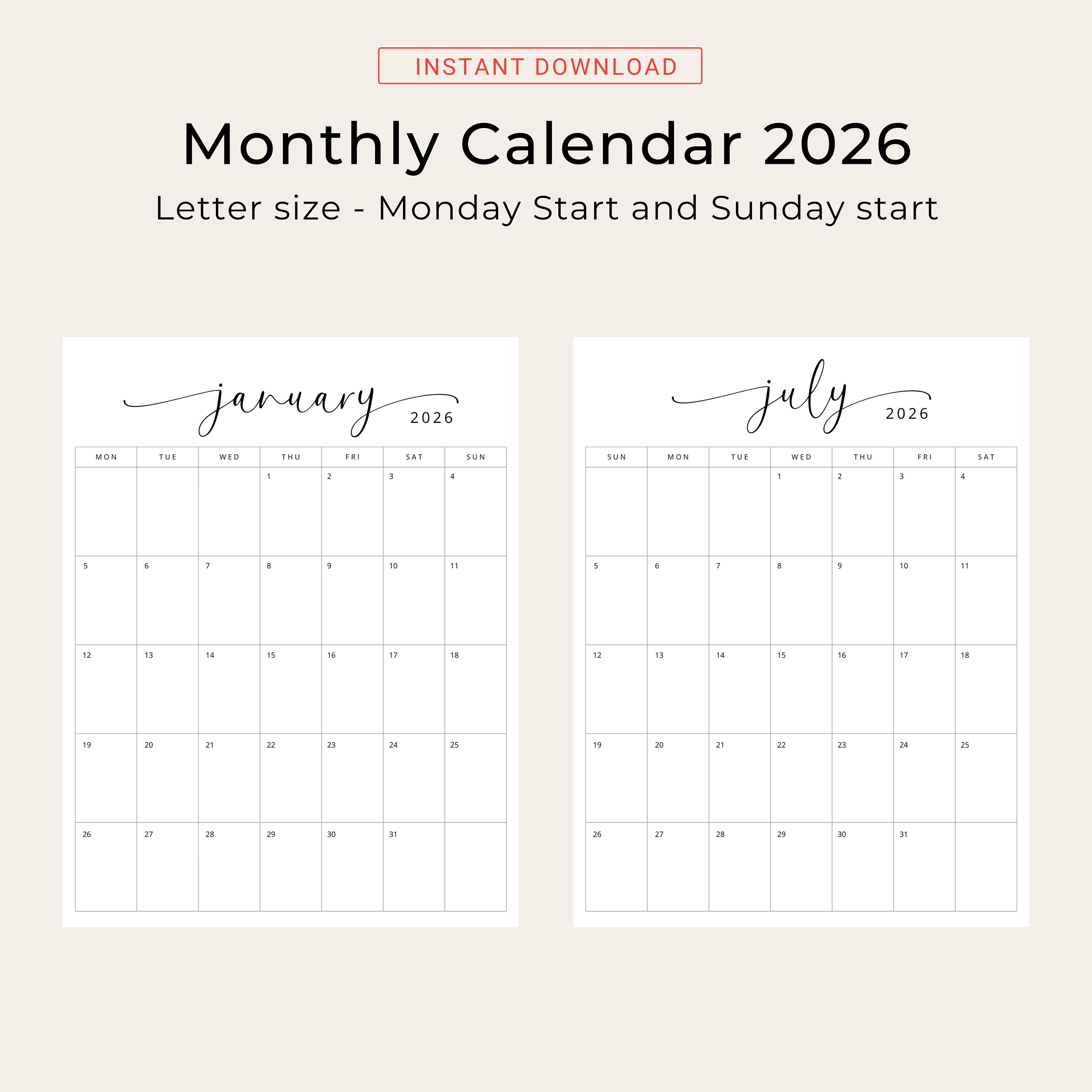 2026 Calendar 2026 Monthly Planner Vertical 2026 Elegant Monthly