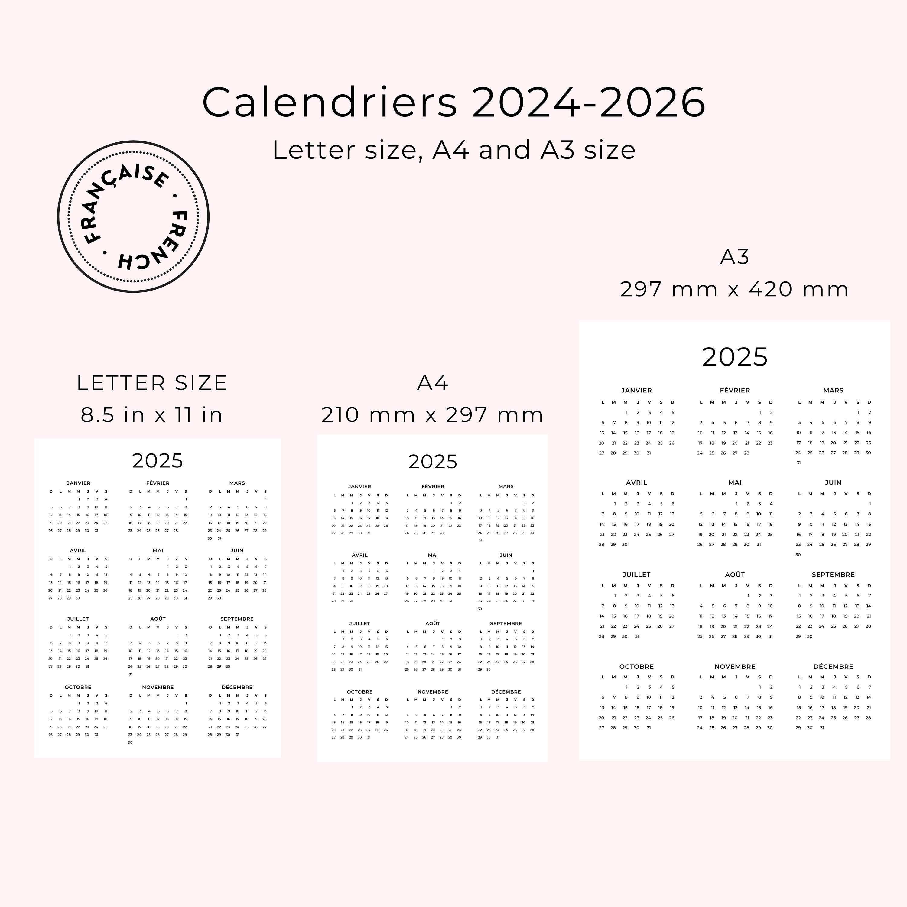 Calendrier Français 2024 2025 2026 Calendrier Annuel Imprimable En ...