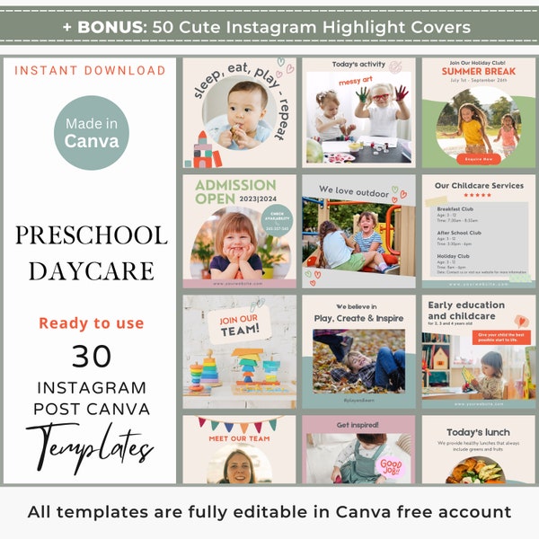 30 Preschool Daycare Instagram Canva Template, Kids Early Education & Childcare, Kindergarten Social Media, Holiday Club School Marketing