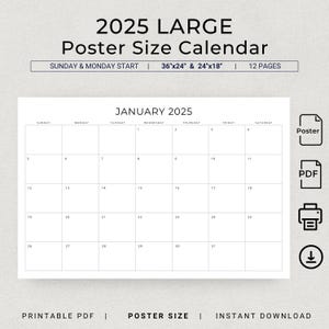 2025 Großer Kalender 2025 Monatsplaner Poster 24x18 & 36x24 Kalenderposter Minimaler Monatskalender XL Printable PDF 2025 Wandkalender