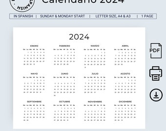 Calendario 2024 en Español Calendario Para Imprimir Calendario Orientación Horizontal Calendario Español 2024 Apaisado A3 A4 Tamaño Carta PDF