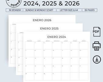 Spanish Calendar 2024 2025 2026 Calendario 2024 2025 2026 Planificadores 3 Years Planners in Spanish 2024 2025 2026 Monthly Calendars PDF