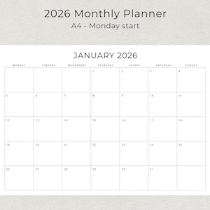 2026 Monthly Calendar PRINTABLE 2026 Monthly Planner Landscape Sunday & Monday Start 2026 Minimal Calendar A4 Letter Size PDF Download