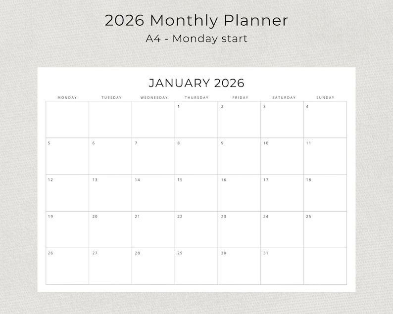 2026 Monthly Calendar PRINTABLE 2026 Monthly Planner Landscape 2026 ...