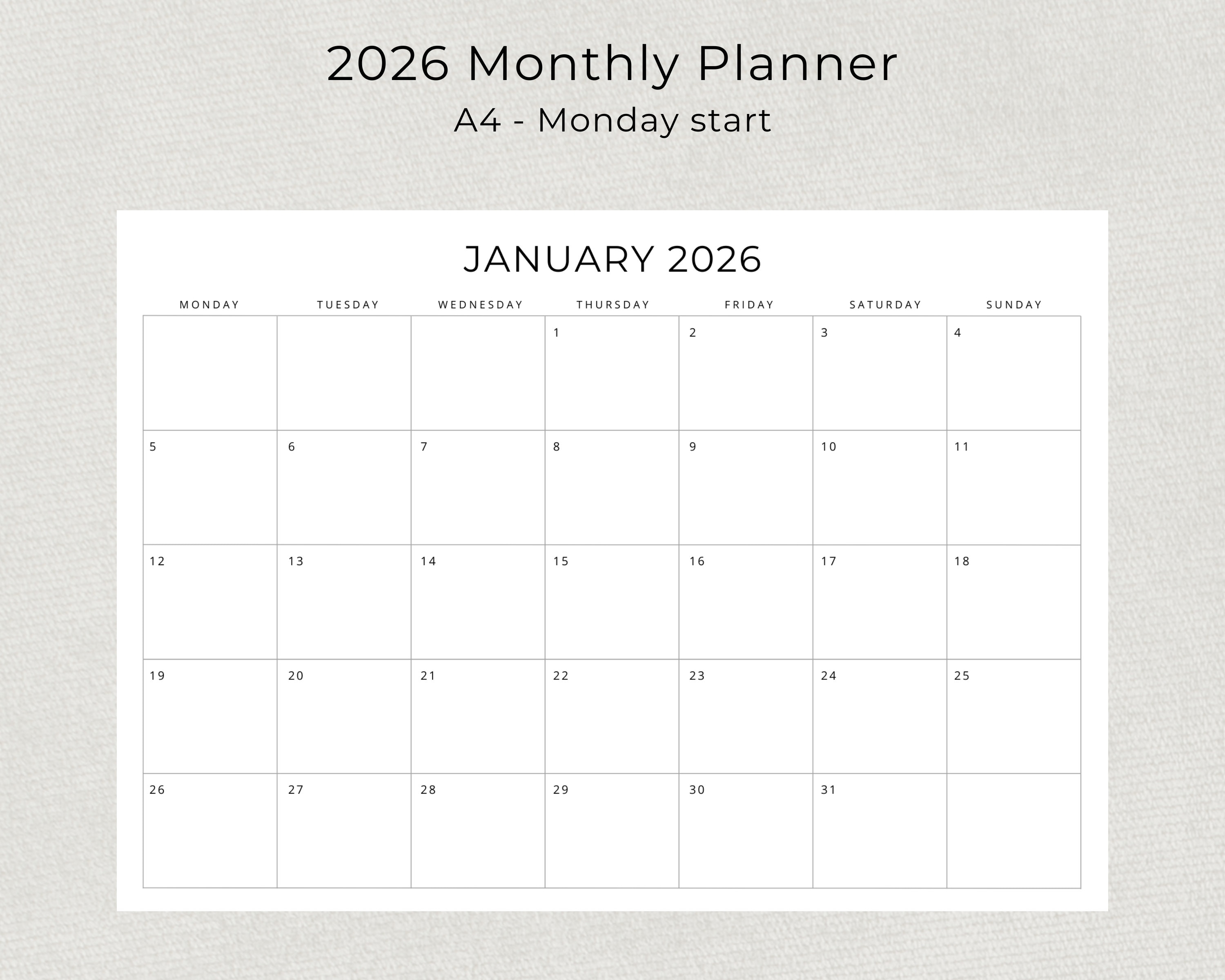 2026 Monthly Calendar PRINTABLE 2026 Monthly Planner Landscape 2026