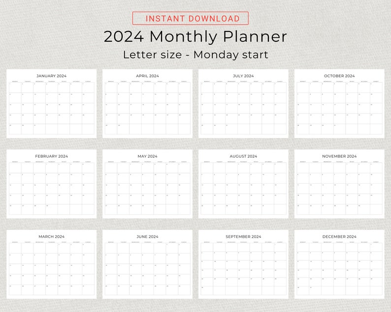 2024 Monthly Planner Landscape Sunday & Monday Start, 2024 Minimal Black and White Monthly Calendar, A4 and Letter Size, Print At Home PDF